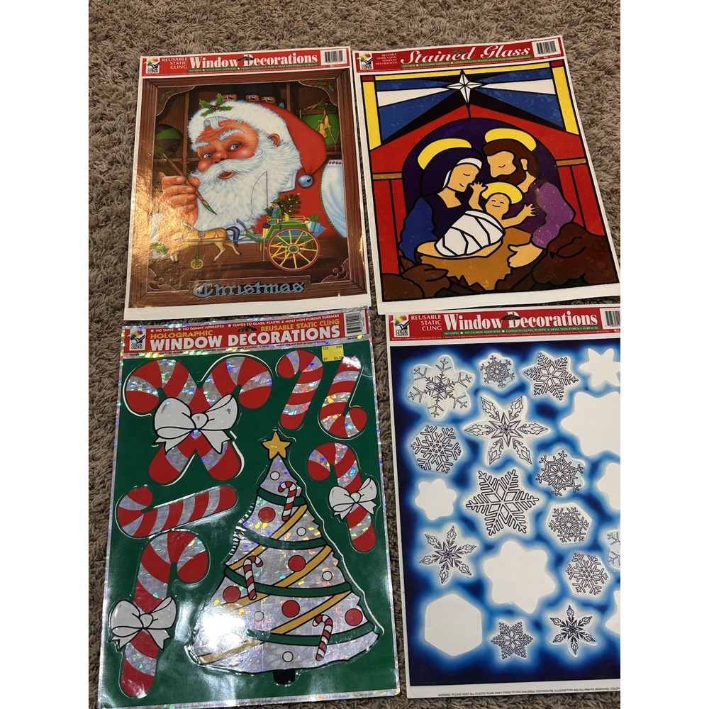 Vtg Lot Of 4 Window Decor Christmas Clings 3 New 1 Used